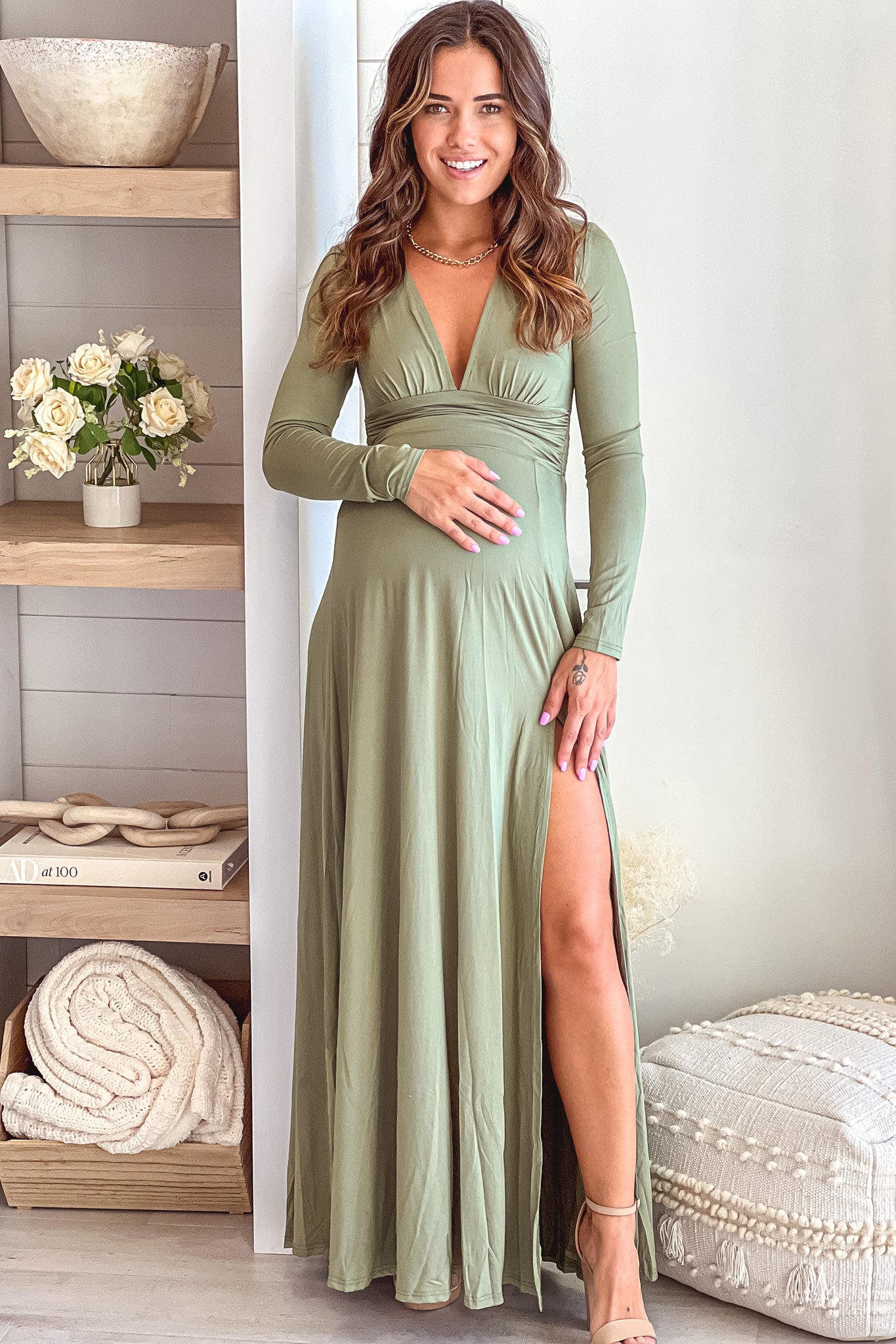 Olive Maternity Maxi Dress with Long ...